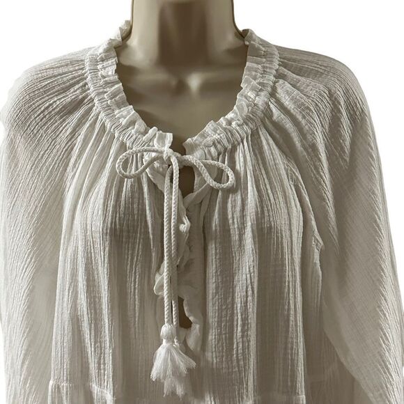 J. Crew ~ White sheer dress ~ tassel ties ~ smocking detail on sleeves ~ size L - Picture 2 of 13
